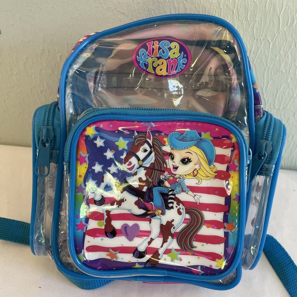 VINTAGE Rare Lisa Frank Clear Plastic Mini backpack Cowgirl Horse Flag Rodeo